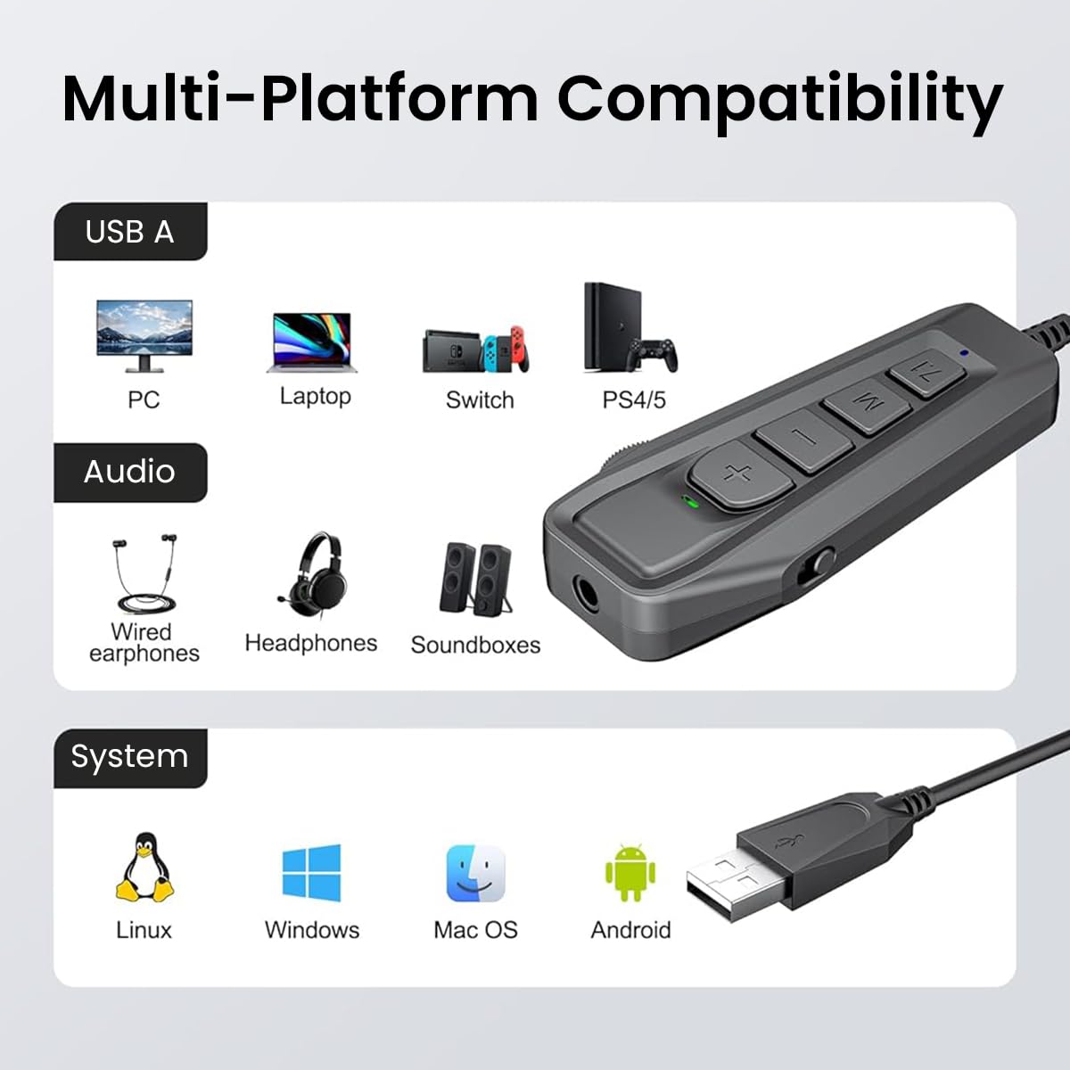 Verilux USB External Sound Card, Simultaneous Phone Discord Chat & Gaming Sound in Wired Headphone, USB to 3.5mm Jack Audio Adapter, 7.1 Surround Sound, Works with PS5, PS4, PC