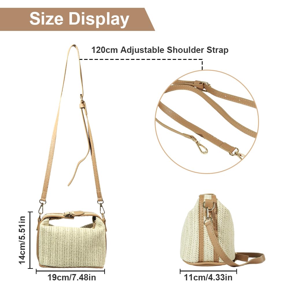 ZIBUYU Straw Bags for Women Beach Stylish Sling Shoulder Bag for Girls and Women Detachable Shoulder Belt Woven Straw Crossbody Bag Golden Hardware Buckle Design Handbag Bag - Beige
