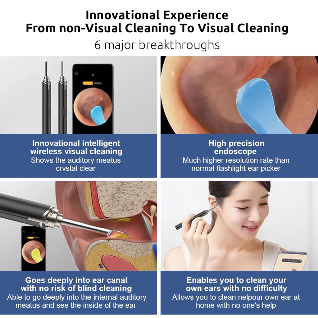 HANNEA Ear Wax Removal Tool with HD Camera, APP HD Real Time Image Display, LED Wifi Ear Wax Cleaner with 5 Silicone Scoop Tips & Ear Wax Removal Tool Kit, Comaptible for iOS & Android System