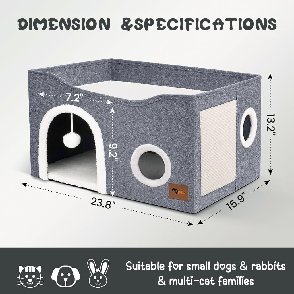 Qpets Cat Bed, Large Cat House, Foldable Cat Cave for Pet Cat House with ATOP Platform & Cat Scratcher Board, Double Layer Cat House Cat Hidewawy Game Tunnel for All Season Use