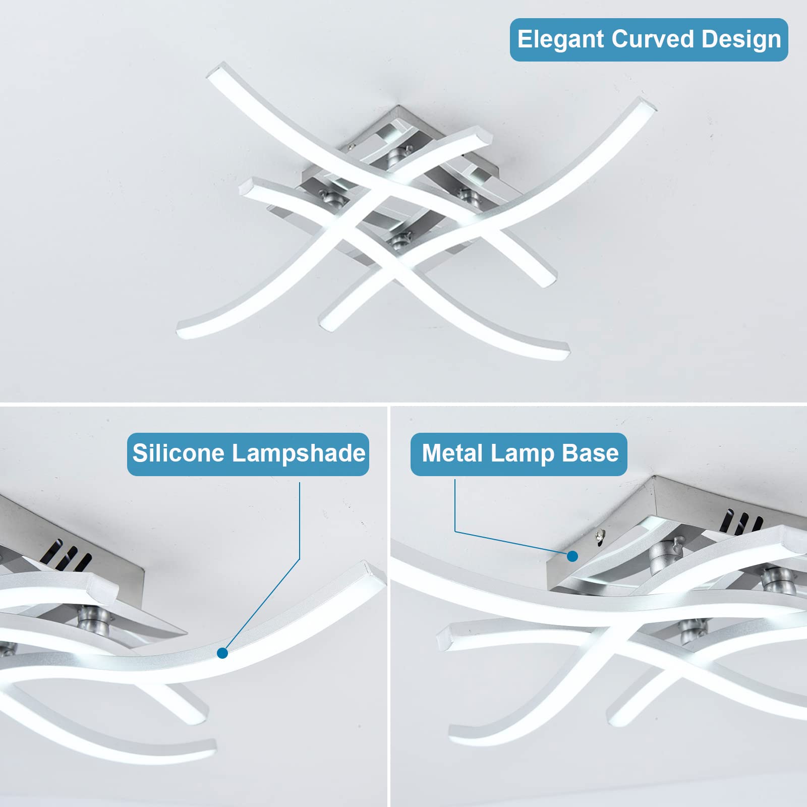ELEPHANTBOAT 3 Color Temperature LED Drop Ceiling Lights, 24W Modern Curved Design Lamp with Remote Control, Metal Flush Mount Lighting Fixture 4 Built-in LED Board