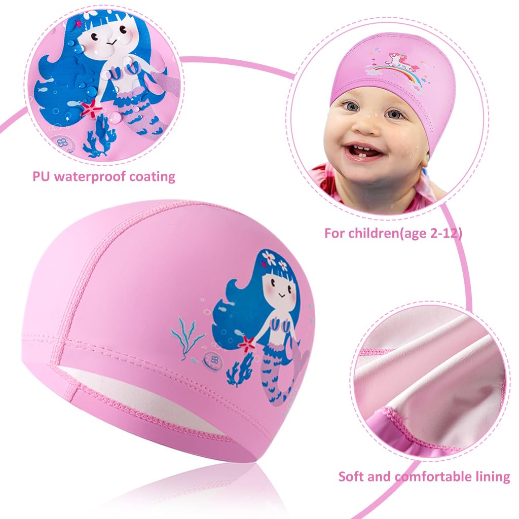 ZIBUYU® Swimming Cap for Girls Waterproof PU Fabric Cute Cartoon Printed Swimming Pool Cap for Girls Speedo Swim Cap for Girl Kids, (02-12 Year) - Pink
