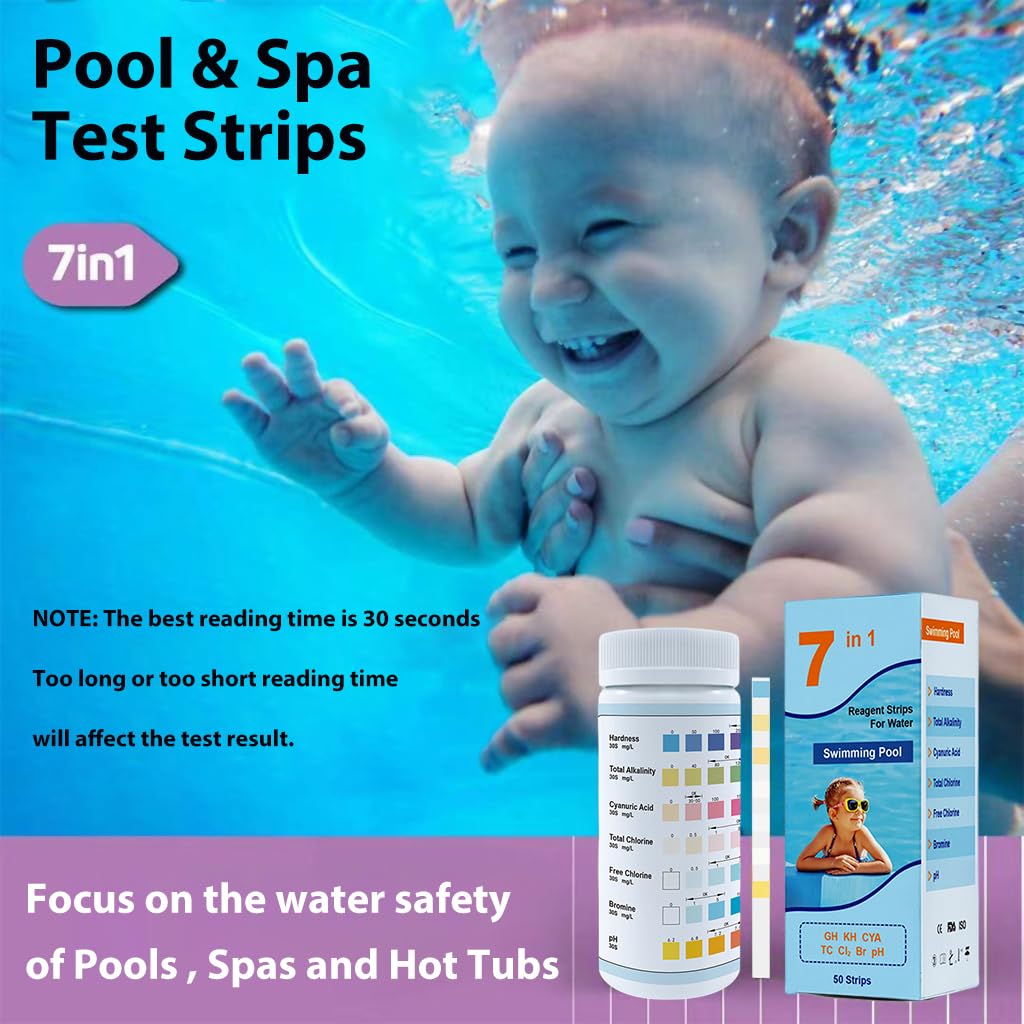 Qpets 50pcs 7 in 1 PH Pool Test Strips PH Paper 7-Way Pool and Spa Test Strips Quick Accurate Test Hardness, Total Alkalinity, Cyanuric Acid, Total Chlorine, Free Chlorine, Bromine, PH