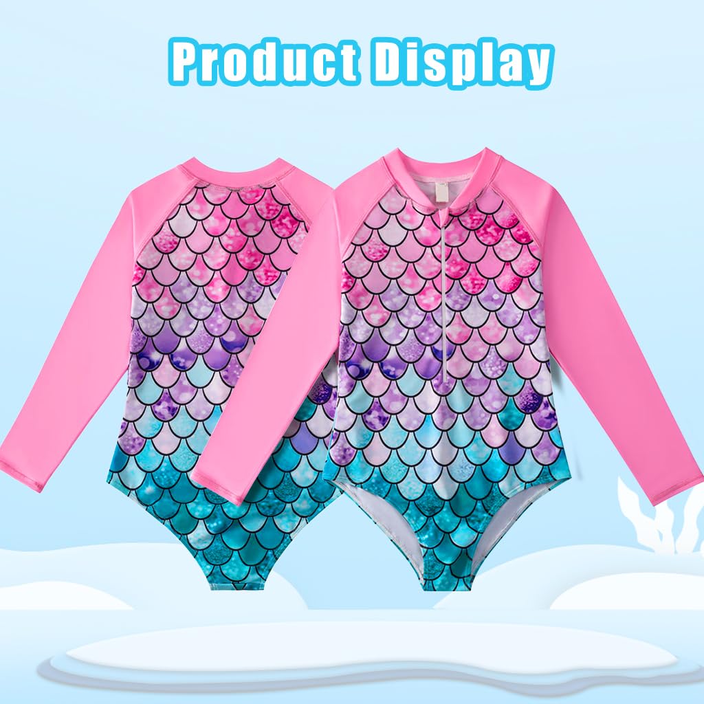PALAY Swimming Costume for Girls, One Piece Mermaid Swim Suit for Kids Girls, Long Sleeve Stretchy Swimming Suit Swimsuits Beach Wear Swimwear for 5-6 Years Old Bathing Suit