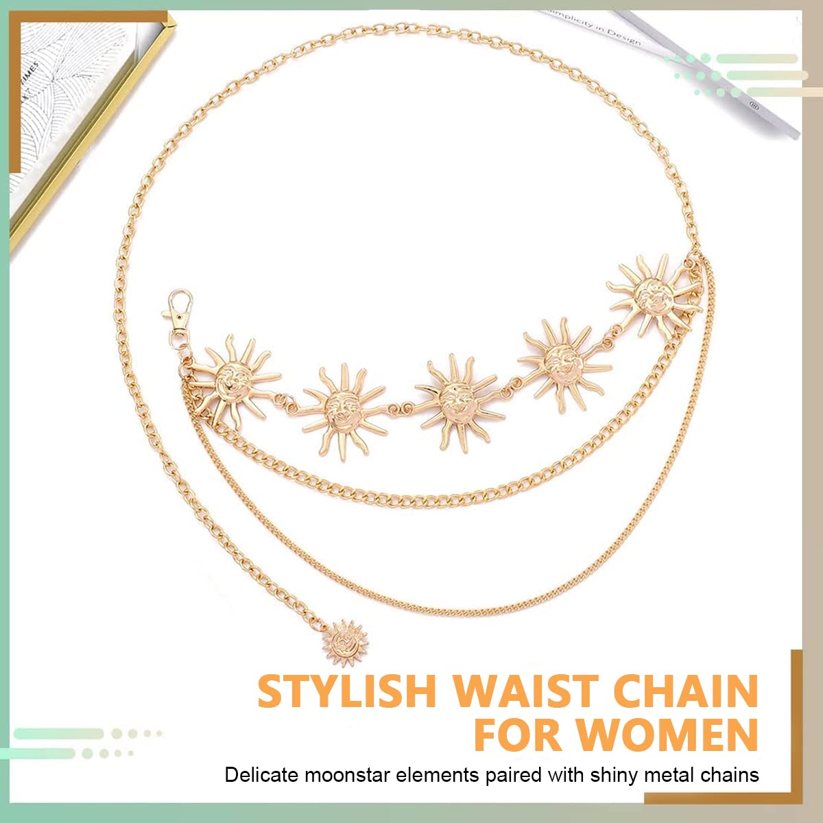 PALAY Chain Waist Belts for Women, Trendy 3-Layer Metal Chain Belt for Women Dresses, Sun Element Decor Gold Body Belly Belt Accessories, Matched with Suits, Jeans, Shirts, Dress