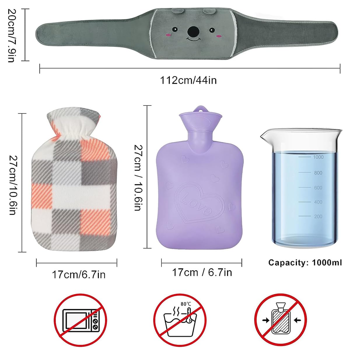 HANNEA Hot Water Bag with Plush Cover and Waist Wrap Belt Refillable Hot Water Bag Anti-leakage PVC Hot Water Bag Period Pain Relief Hot Water Bag, Relieve Cramp Relief, Back Pain