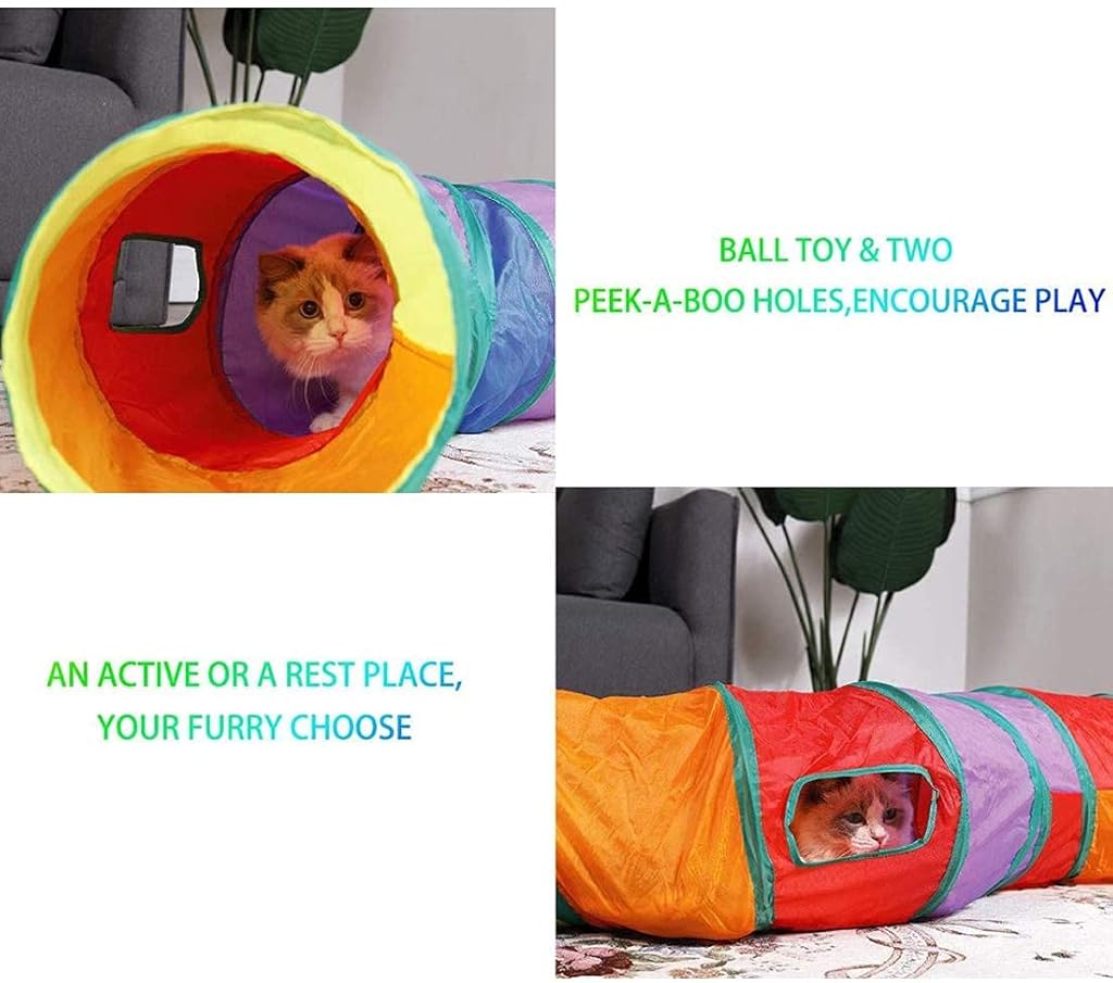 Qpets® Cat Tunnel Combo – 3 Way & 2 Way Collapsible Rainbow Play Tubes for Cats, Kittens, Puppies, Indoor Outdoor Puzzle Exercising, Hiding, Training, Interactive Pet Set