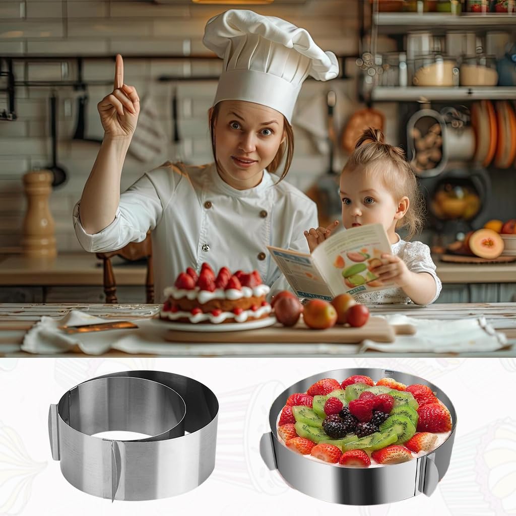 HASTHIP® Cake Ring, Adjustable Round Stainless Steel 6 to 12 Inch Cake Mold Decorating Bakeware Tools for Mousse Baking Dessert Cake Making