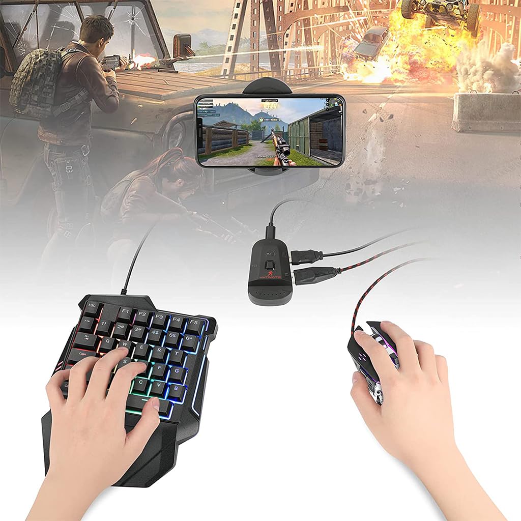 Verilux 4 in 1 One Hand Gaming Keyboard and Mouse Combo, 35 Keys Wired RGB LED Backlit One Hand Keyboard, USB Wired Gaming Mouse, Converter Adapter for PUBG/Laptop PC Game and Work
