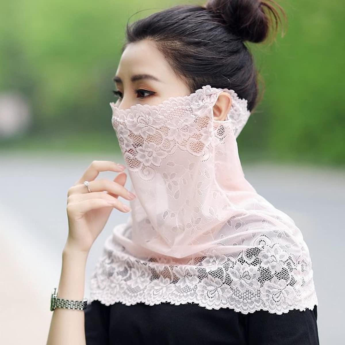 PALAY Lace Face Cover for Women Sun Protection Face Mask, Stylish Breathable Embroidery Veil Face & Neck Covering for Girls - Pink, Hanging Ear Design