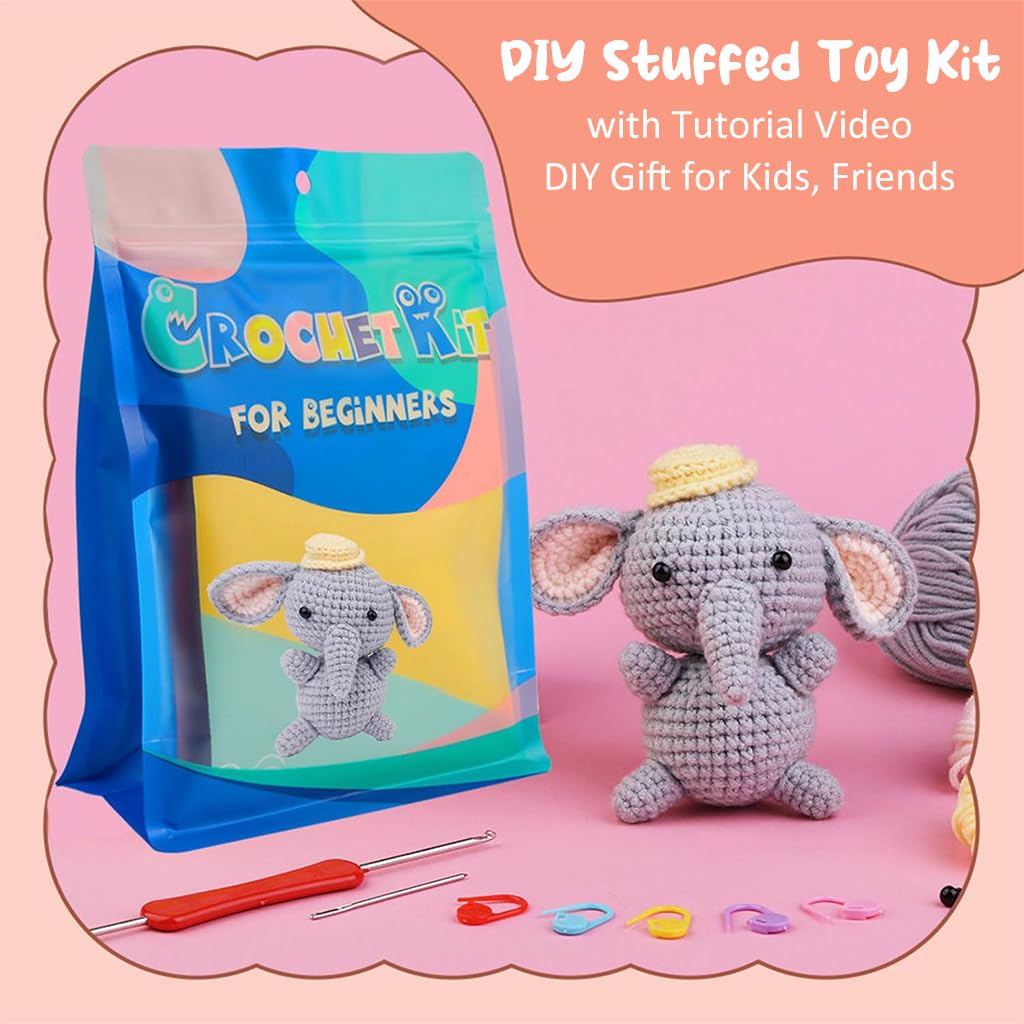 PATPAT Crochet Stuffed Animal Kit Crochet Kit for Beginners DIY Knitting Kit Full Set Crochet Starter Kit with Yarn, Polyester Fiber, Crochet Hooks, Tutorial Video, Kids Christmas Gifts (Elephant)