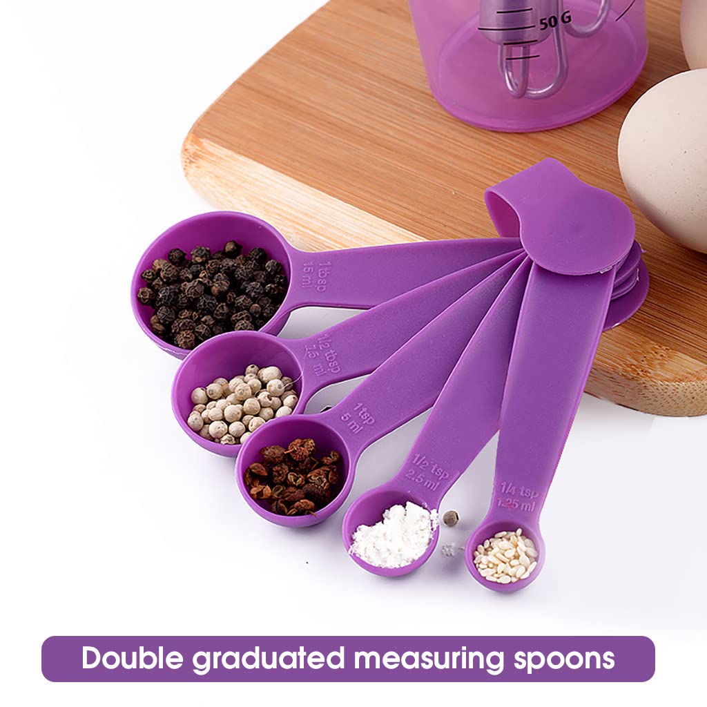 HASTHIP 10Pcs Measuring Spoons Cups Silicone Kitchen Utensils Spoon Set, Include Egg Strainer, Oil Brush, Scraper, Egg Beater, Silicone Cooking & Baking Tool, BPA-Free, Dishwasher Safe (Purple)