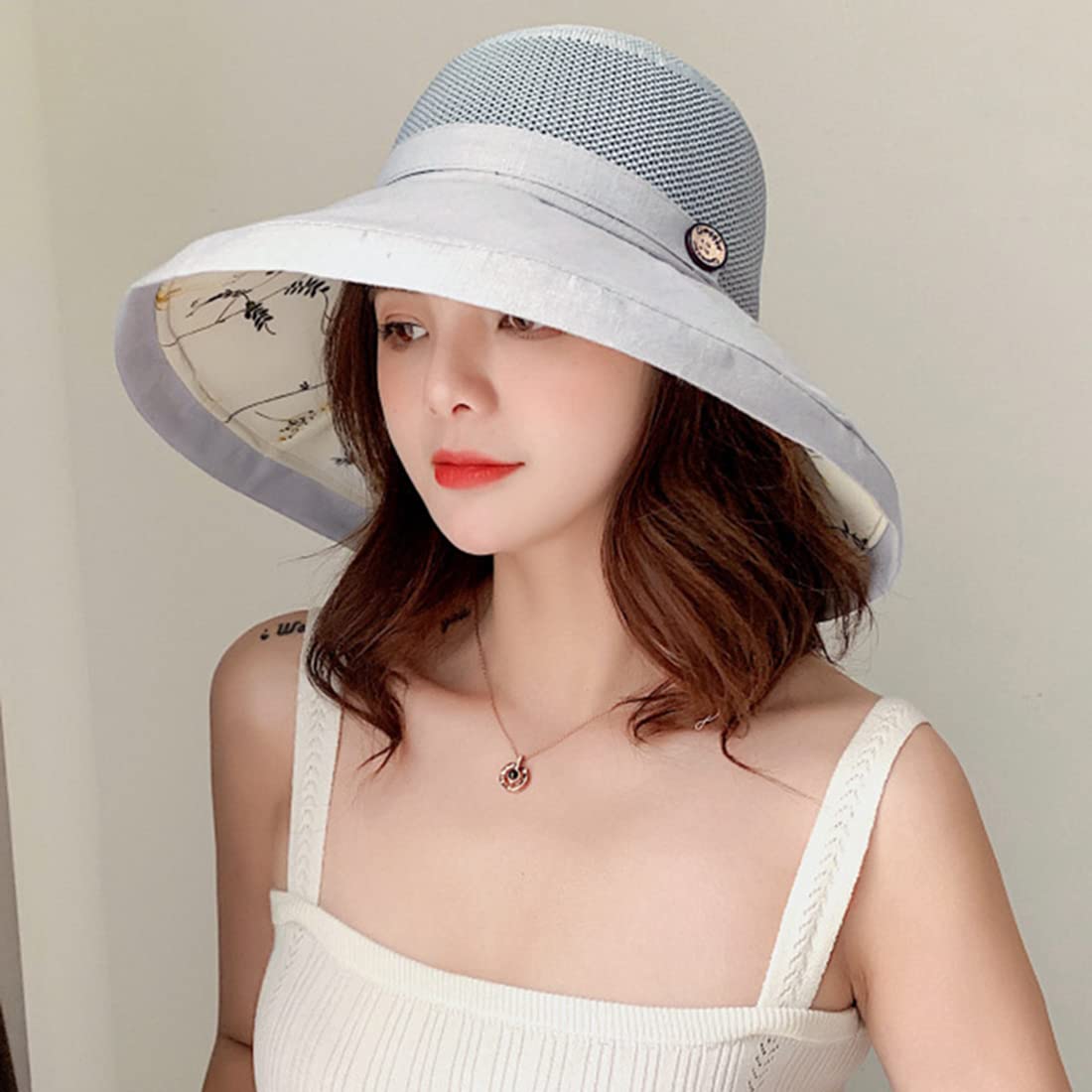 PALAY UV Protect Sun Wide Brim Hats for Women, Summer Breathable Casual Mesh Cotton Foldable Bucket Hat (Grey)