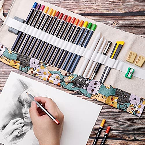 HASTHIP Canvas Pencil Wrap Case, Pencil Roll Wrap, Pencil Holder with 48 Slots, Colored Cartoon Prints Roll Up Pencil Pouch Gift for Students Sketching Drawing Writing Storage (Without Pencil)