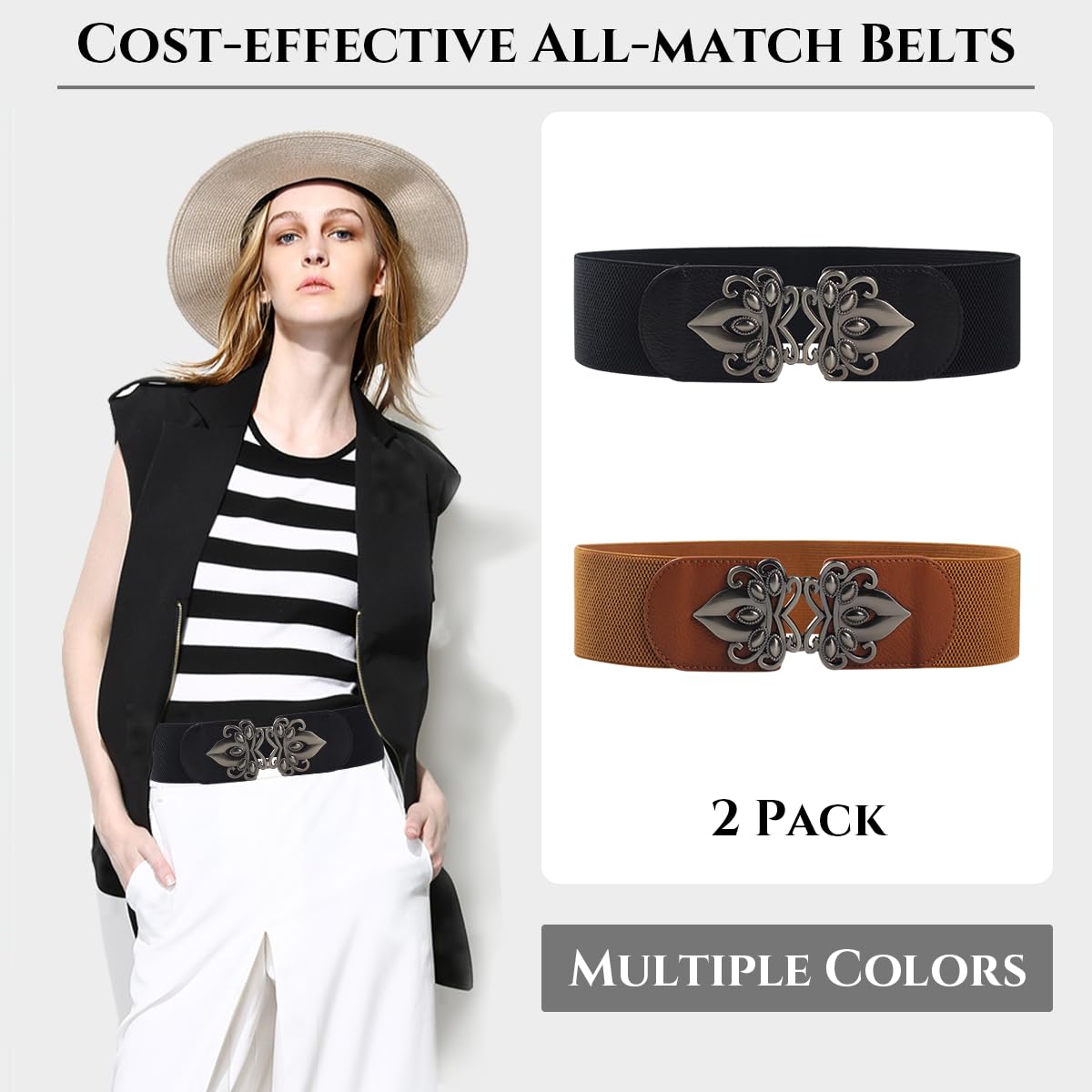 PALAY 2Pcs Belt for Women, Vintage Wide Stretch Waist Belt for Women Dresses, Elastic Slim Belt Cinch Belt with Interlocking Buckle - Black & Brown