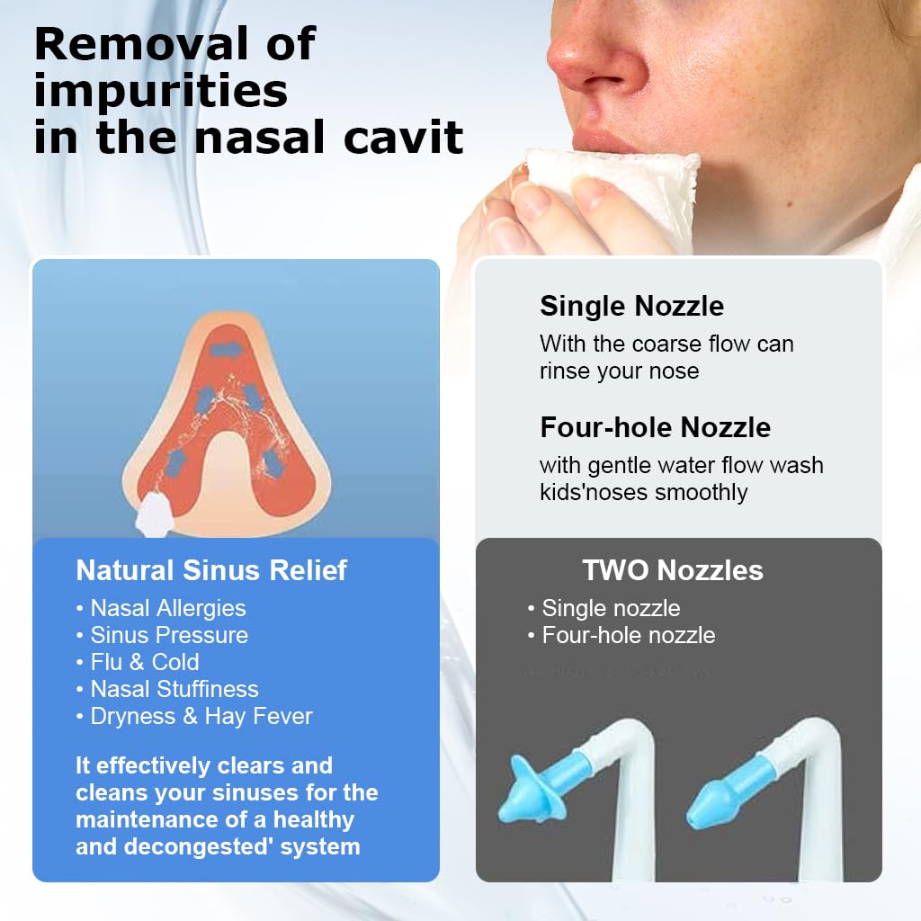 HANNEA Neti Pots for Sinus Rinse Bottle Nasal Wash Nasal Irrigation Jal Neti Pot with 2 Nozzles, 40 Nasal Wash Salt & Sticker Thermometer, Nose Cleaner Washing for Adult & Kid Travel Essentials 300ML