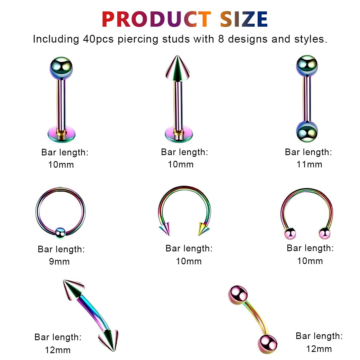 HASTHIP 40pcs 16G Assorted Stainless Steel Body Button Rings Piercing Studs Jewelry Lot Kit for Nose, Lip, Tongue, Cartilage, Tragus Eyebrow, Barbell, Belly