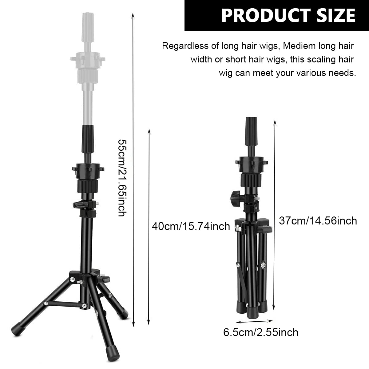 MAYCREATE Mannequin Head Stand, Retractable Mannequin Head Holder Tripod Stand Adjustable Wig Display Stand for Long Hair Wig, Short Hair Wig, Hair Wig Stand Tripod for Hairdressing Training