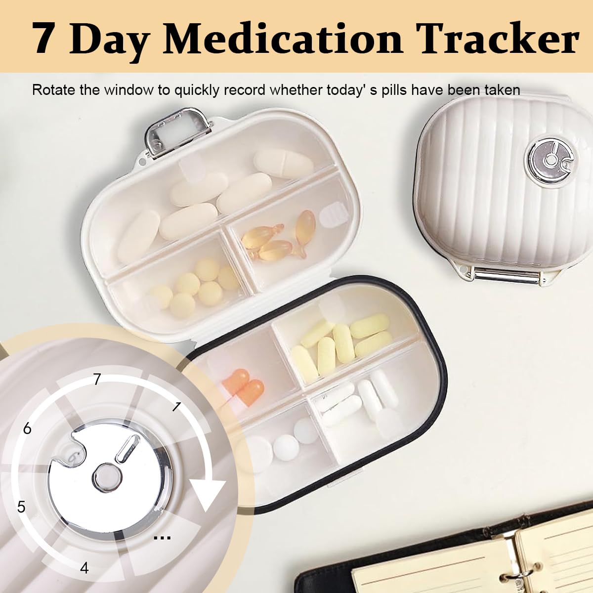 HANNEA 2 Pack Travel Pill Organizer, 7 Compartments Moisture Proof Pill Holder Daily Medicine Organizer Box Small Pill Case for Vitamin Supplement Pocket Pharmacy Pill Box (S+L)