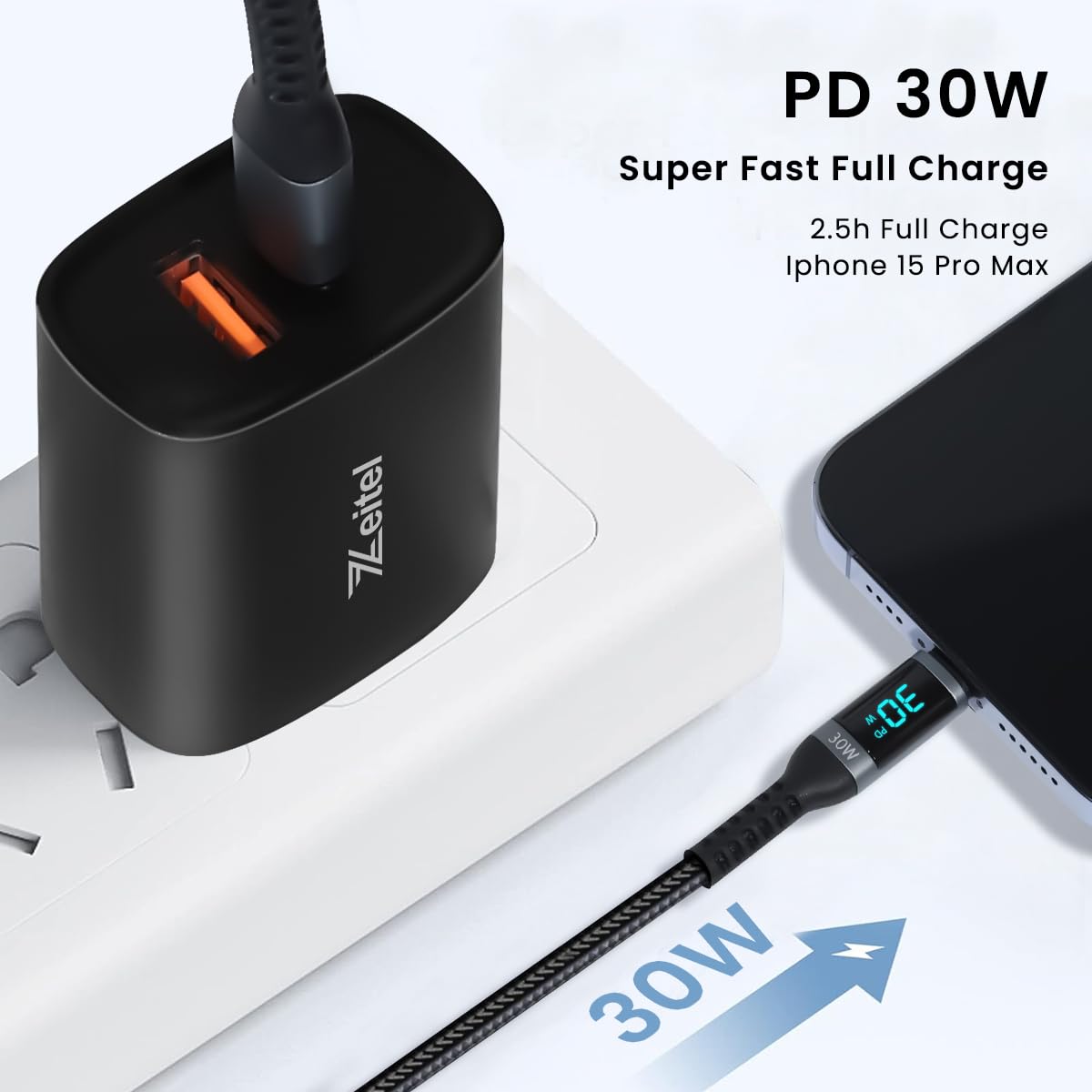 Zeitel Apple Charger 30W Fast Charging Power Adapter and 30W iPhone Cable with LCD Lighting iPhone Charger for iPhone 13/13Pro/13Pro Max/14/14Pro/14Pro Max Apple Charger and Cable