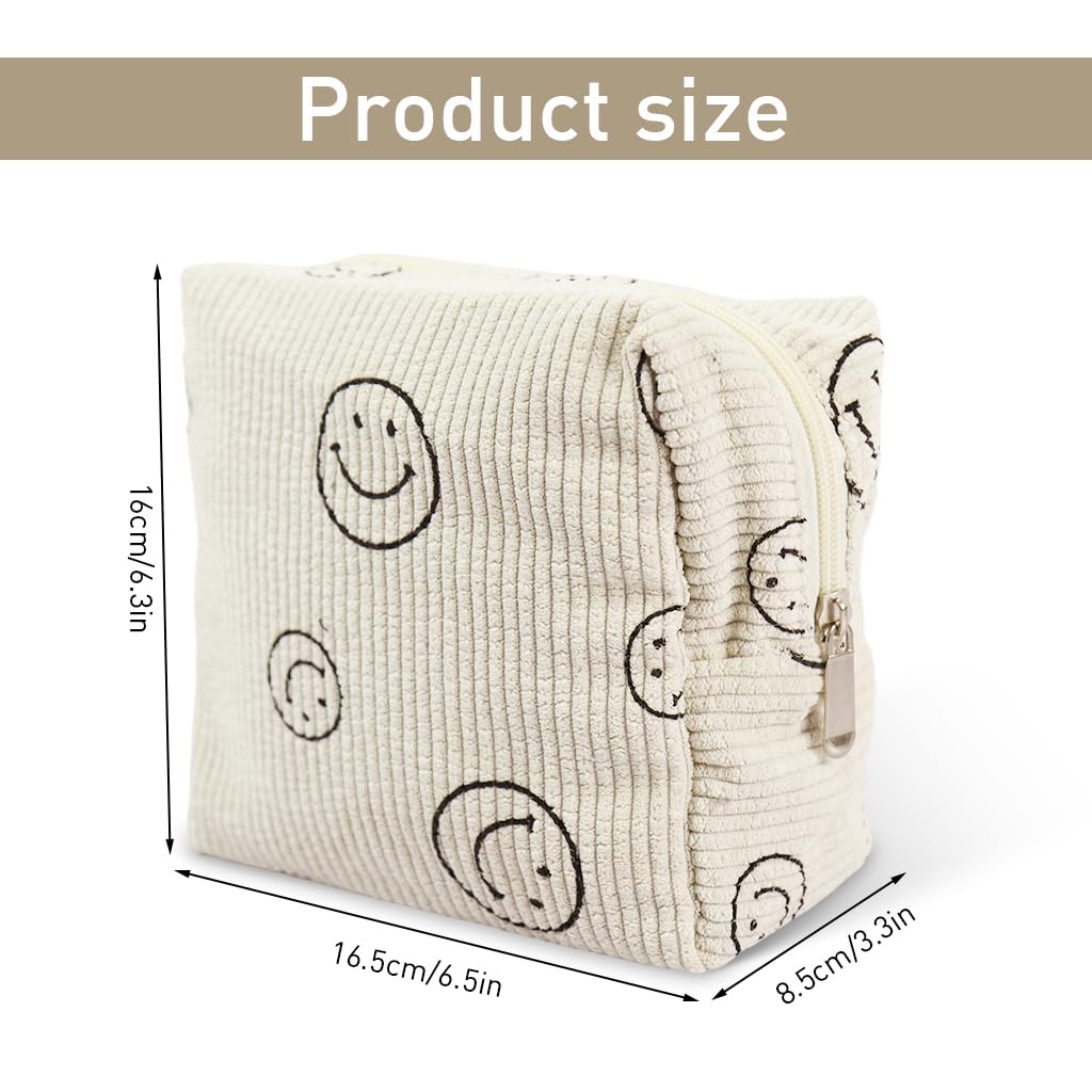 PALAY Travel Makeup Pouch Smile Print Soft Corduroy Makeup Organizer Bag Zipper Pouch Travel Toiletry Bag Multi-purpose Storage Pouch for Makeups, Travel Bottles, 18x9x13cm