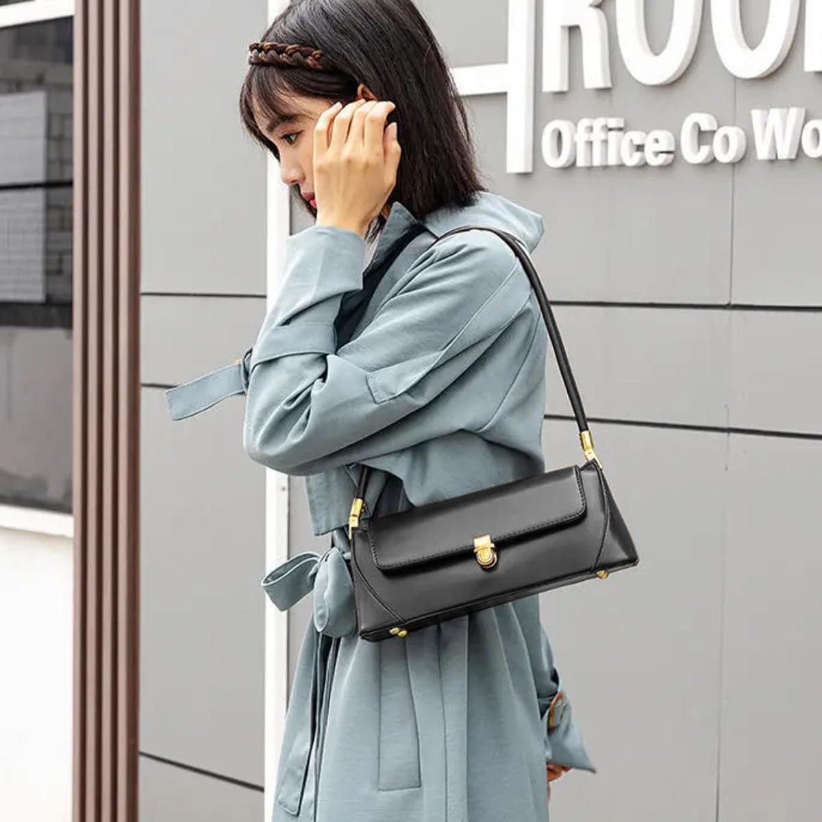 PALAY Women Handbag PU Leather Fashion Shoulder Bags Metal Snap Buckle Closure Design Small Purse Vintage Handbags, Black