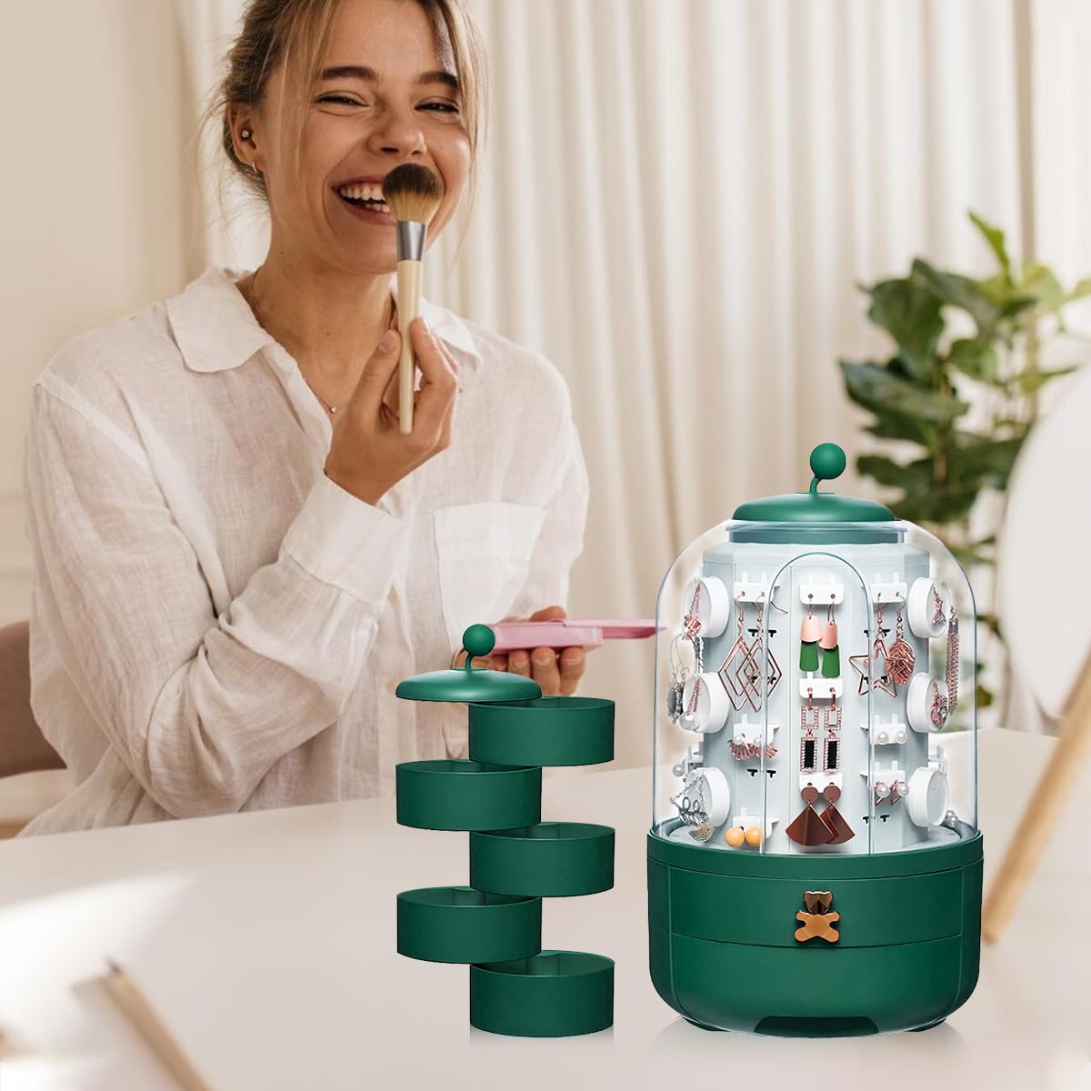 HANNEA 3-in-1 Jewelry Organizer 360° Display Earring Organizer for Mother's Day Girls Valentine Gift, Jewelry Box Built-in 5-Layer Rotatable Jewelry Organizer Box Storage