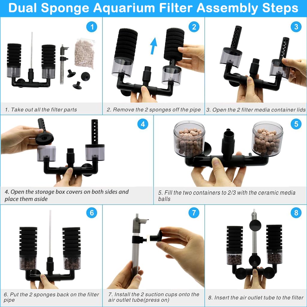 Qpets Aquarium Water Filter Fish Tank Internal Filters with Suction Cups Biochemical Filtration Cotton Columns Water Filter, Quiet Aquarium Water Filter with 4 Cotton Columns & Filtration Ball Pack