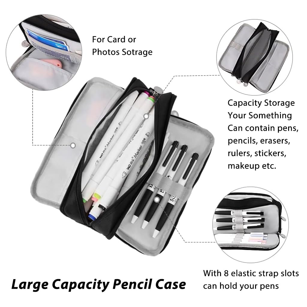 Climberty Large Capacity Pencil Case, 3 Compartment Pouch Pen Bag with 8 Elastic Pen Sleeves, 3 Zipper Portable Storage Pencil Pouch for School Teen Girl Boy Men Women (Black)