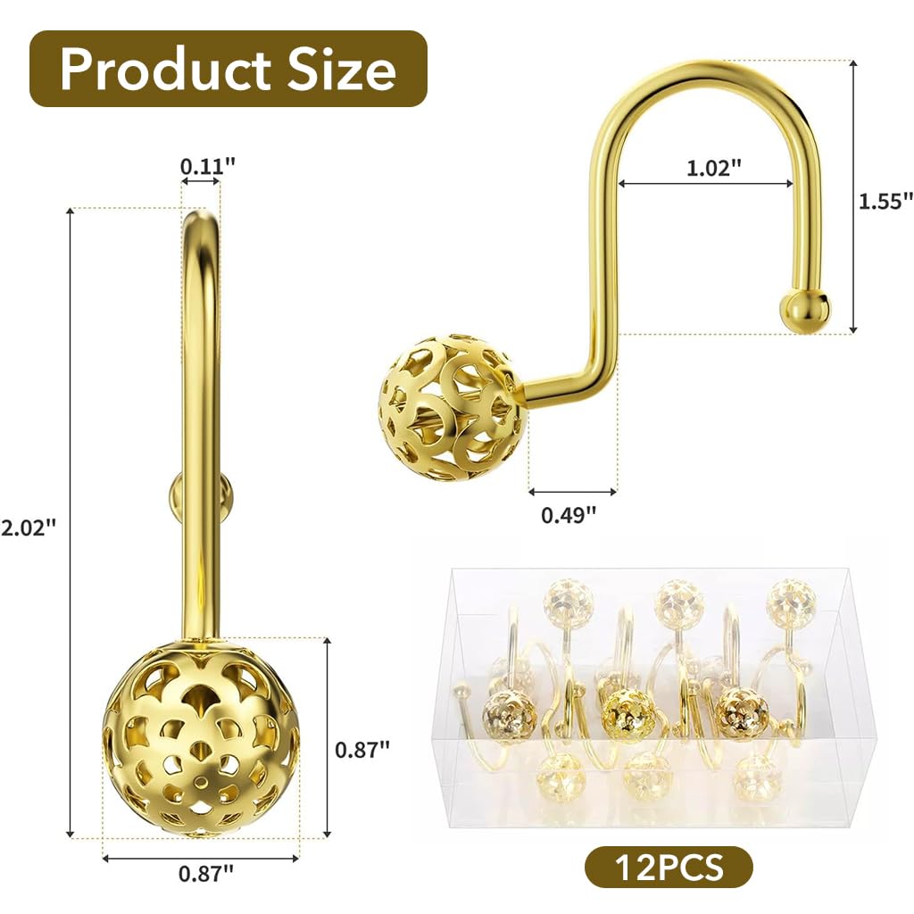 HASTHIP 12Pcs Bathroom Shower Curtain Hooks Modern Golden Hollow Out Ball Shower Curtain Hooks for Home Decor Open Hanging Shower Curtain Hooks Universal Bathroom Shower Curtain Hooks