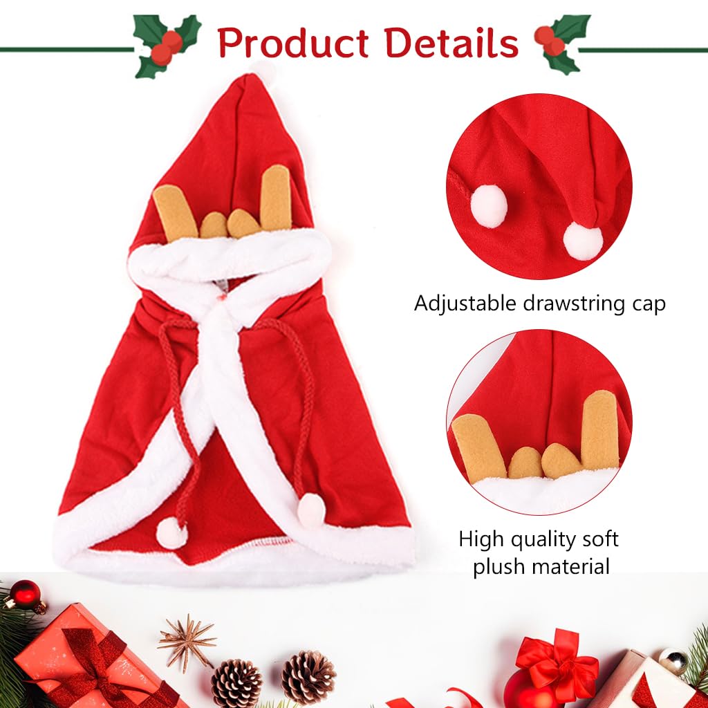 Qpets Chrismat Cat Clothes, Dress Up Clothes Chrismat Red Elk Cloak for Cat Warm Plush Cloak Adjustable Drawstring Hat Christmas Party Clothes for Cat, L