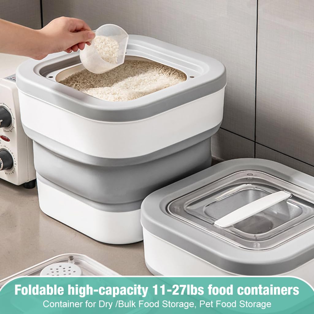 Supvox Collapsible Rice Dispenser with Large Transparent Lid, Large Capacity 11-27lbs Airtight Rice Storage Container, Moisture Proof Kitchen Organiser for Rice, Cereals, Grains and Pet Food