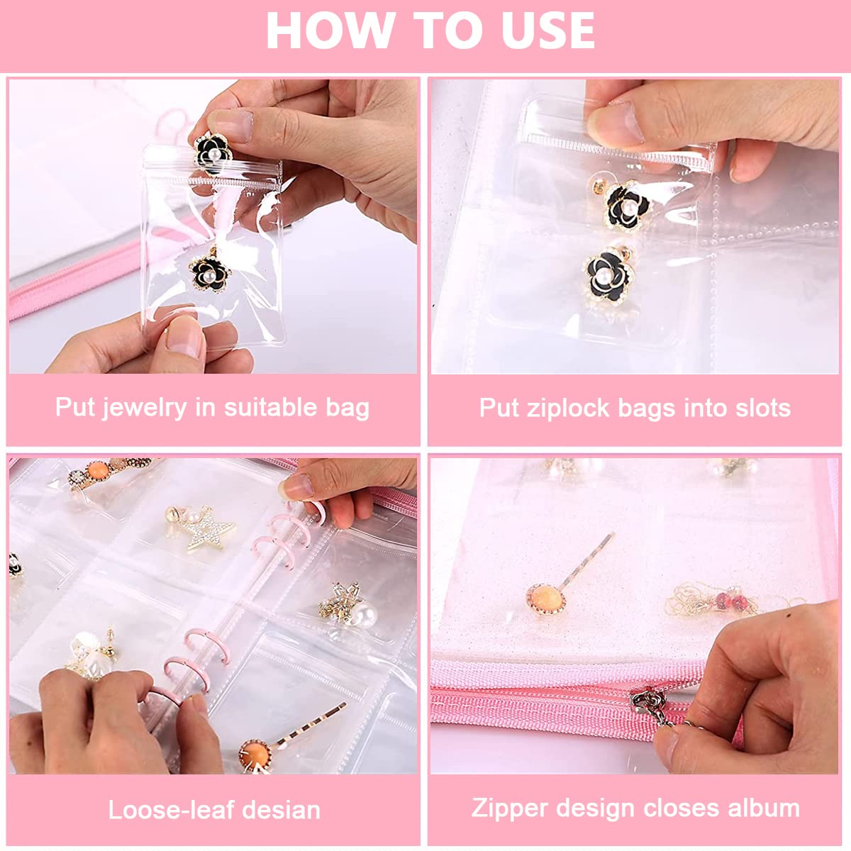 MAYCREATE Transparent Jewelry Storage Book, Anti Oxidation Jewelry Storage Organizer Bag with 60 Pockets for Bracelets Necklace Rings, Pink
