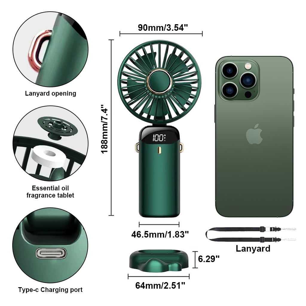 HASTHIP Hand Fan Mini Handheld Fan 3000mAh Rechargeable with 5 Speeds, Battery Operated Mini Fan Foldable Desk Desktop Fans with LED Display for Home Office Bedroom Outdoor Travel (Green)