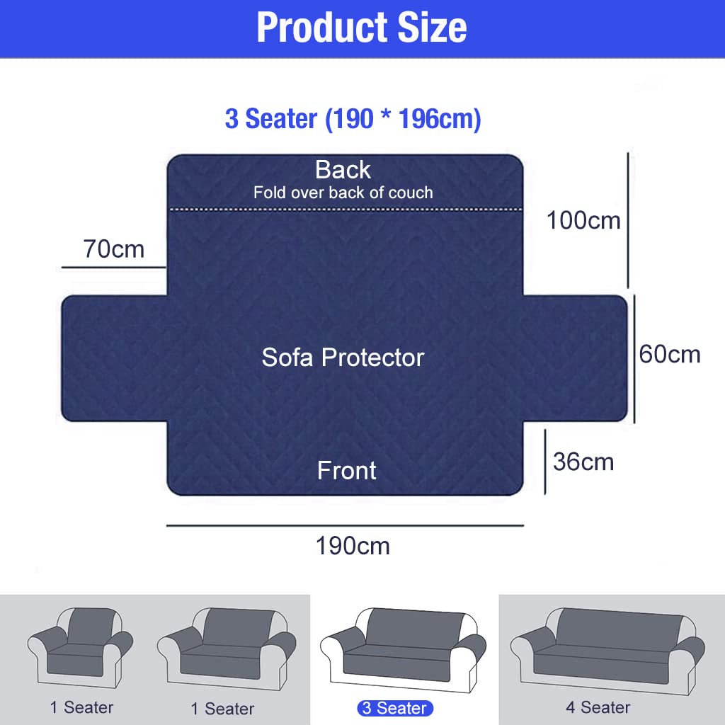 HASTHIP Sofa Cover 3 Seater, Sofa Slipcover, Reversible Oversized Water Resistant Couch Cover with Foam Sticks Elastic Straps, Furniture Protector for Children Pets Dog Cat, 190 * 196cm (Blue/Grey)