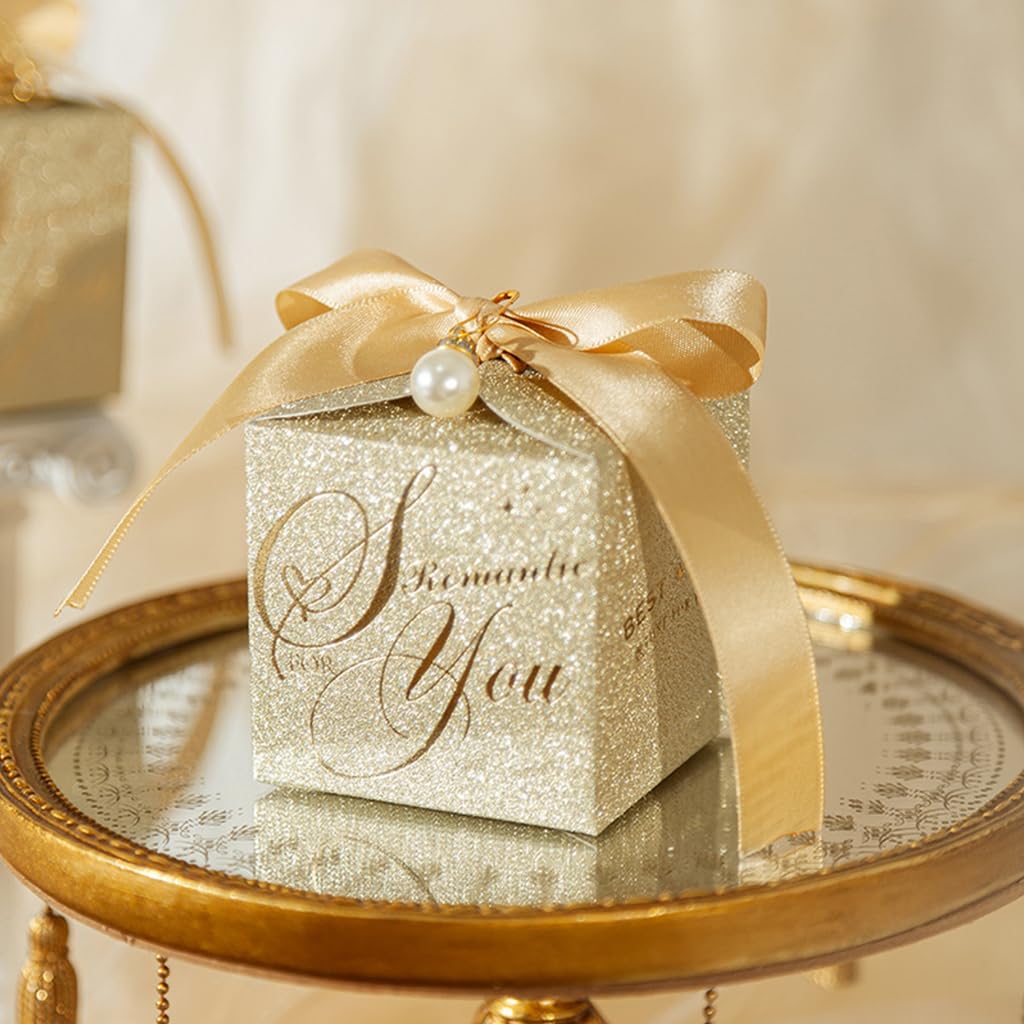 HASTHIP 10PCS Small Gift Boxes, Wedding Gift Box, Gold Candy Gift Box Paper Box with Ribbon & Pearl Pin for Wedding, Birthday, Christmas Decoration Party Favor