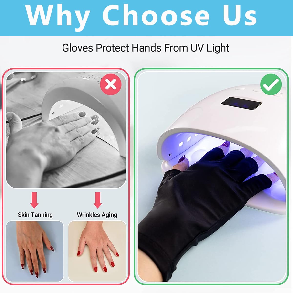 MAYCREATE Nylon Anti Uv Gloves For Gel Nail Lamp,Professional Upf50+ Uv Protection Gloves For Women Manicures,Nail Art Skin Care-Stretchy&Fingerless,Protect Hands From Uv Harm (Black),Pack of 2