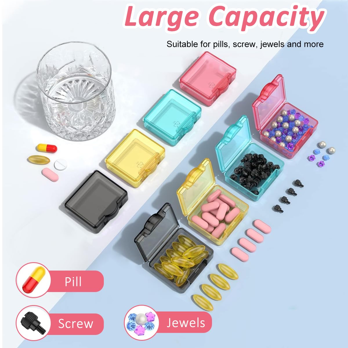 HANNEA 4Pcs Pill Box Portable Pill Box 1.7 Inches Color Square Transparent Pill Box Food Grade PP Travel Pill Box Pill Case Medicine Pill Box for Supplyments, Capsules, Tablets, Fish Oil, Vitamin