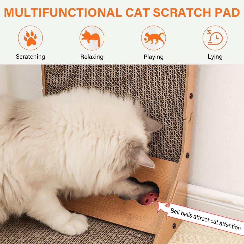 Qpets Cat Scratcher with Bell Toy 26.8 Inch Stand-up Cat Scratcher Premium Cardboard Scratcher for Cat Cardboard Scratcher Cat Toy