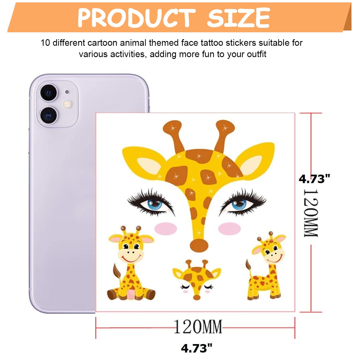 MAYCREATE Temporary Face Tattoo Sticker for Kids, 10 Sheets Cartoon Animal Body Face Makeup Stickers for Girls Boys, Water Transfer Cute Fairy Stickers Set for Theme Party, Halloween