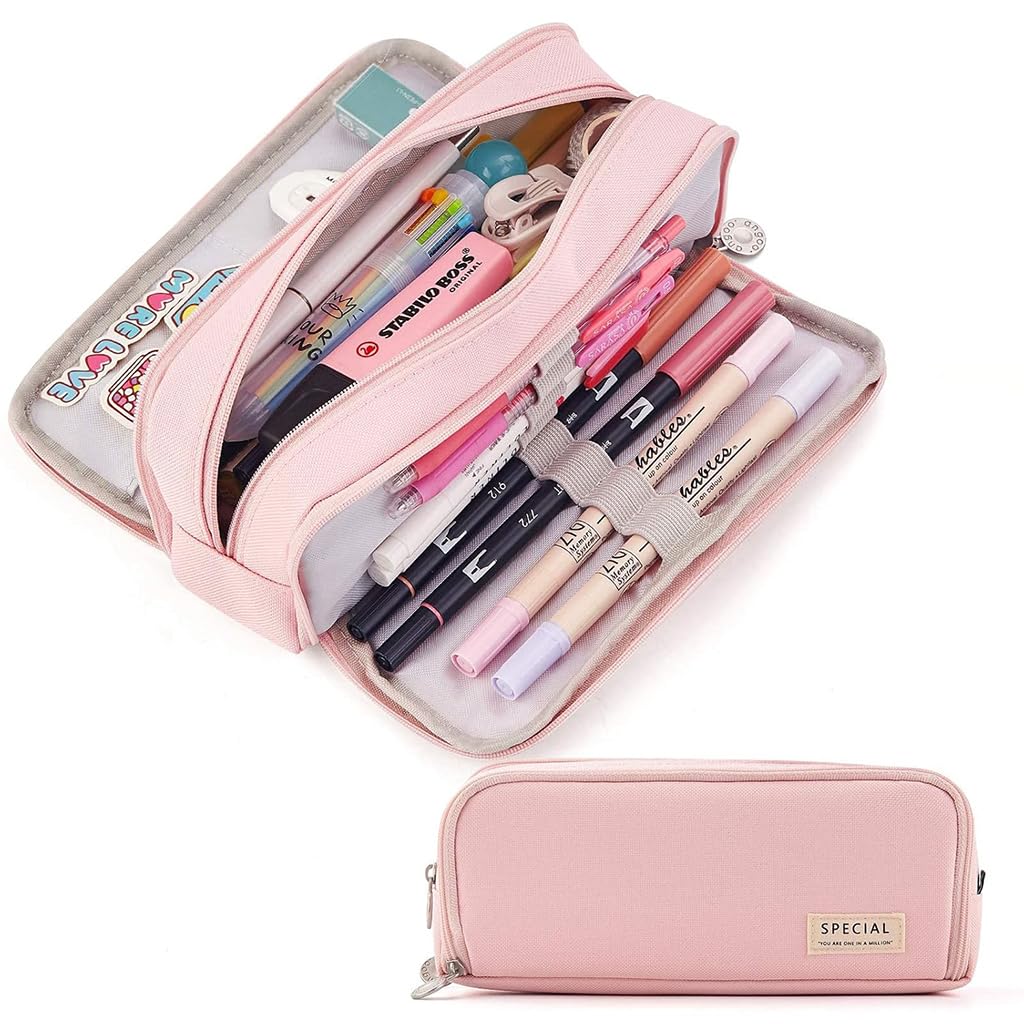 Climberty Large Capacity Pencil Case, 3 Compartment Pouch Pen Bag with 8 Elastic Pen Sleeves, 3 Zipper Portable Storage Pencil Pouch for School Teen Girl Boy Men Women (Pink)