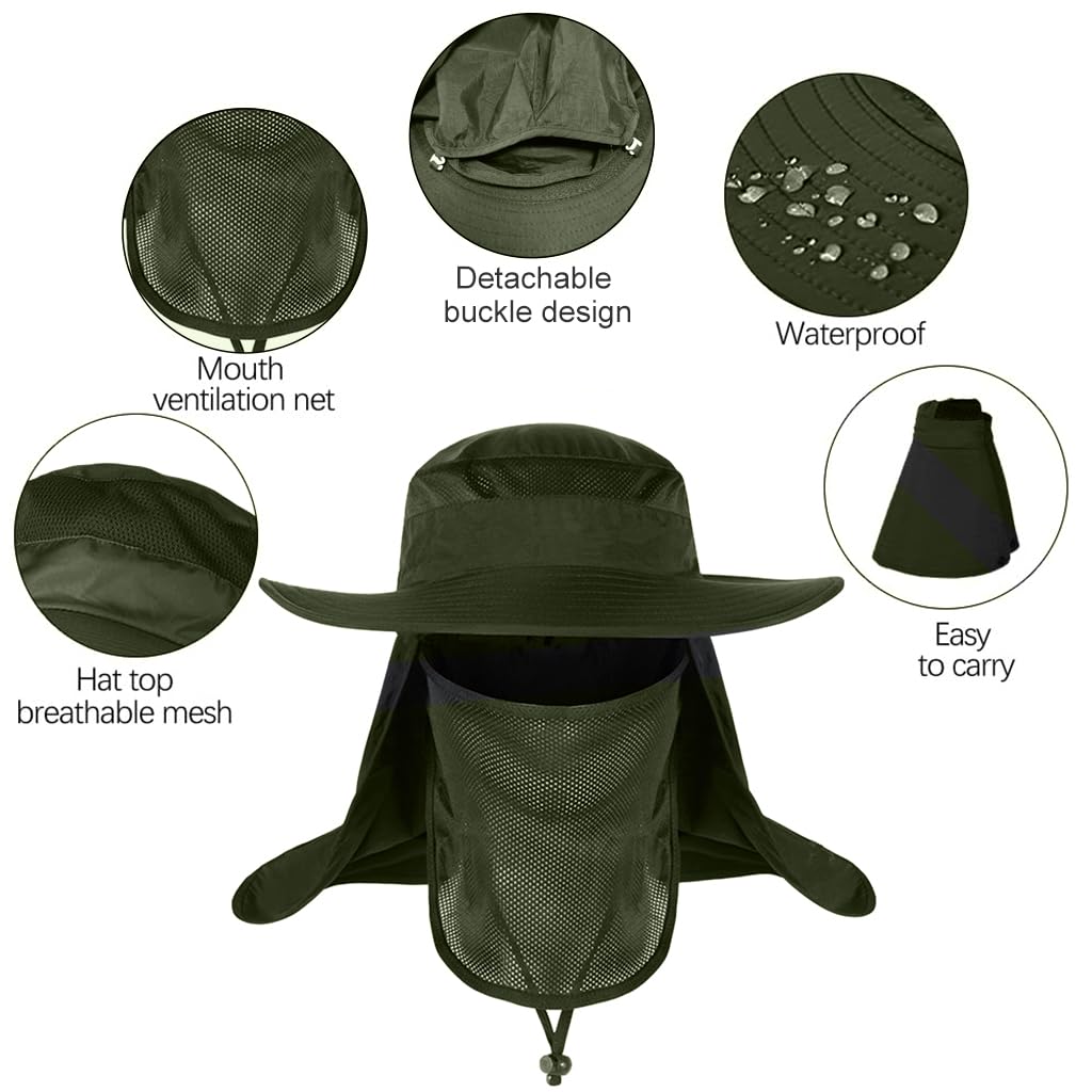 GUSTAVE Wide Brim Summer Hat with Detachable Neck Flap & Mesh Face Cover UV Sun Protection Outdoor Breathable Lightweight Summer Hat for Camping, Hiking, Fishing, Adjustable 21.6