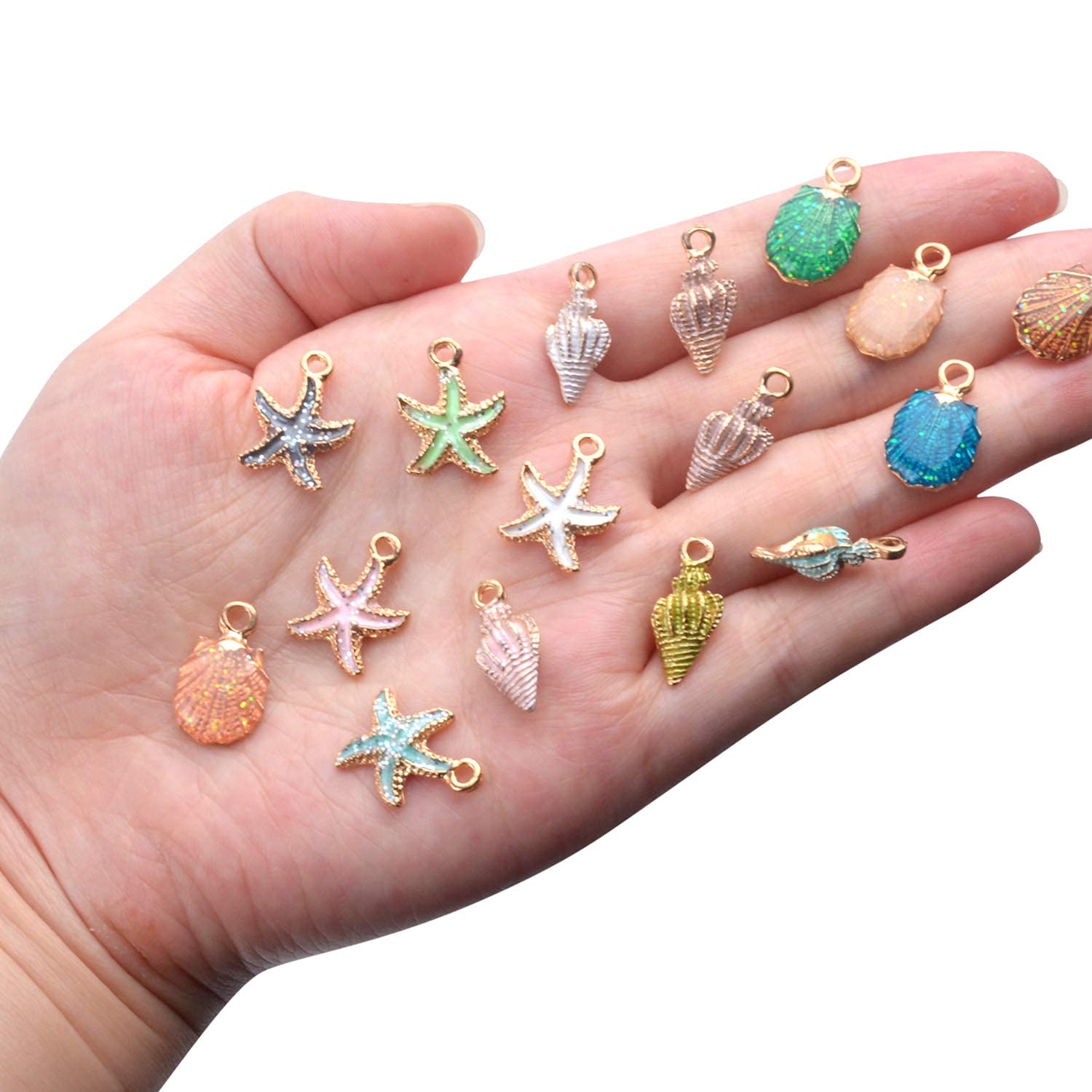 PALAY 30pcs Assorted Charm Pendants Lovely Gold Plated Enamel Marine Life Shell Starfish Conch Mixed for Jewelry Making