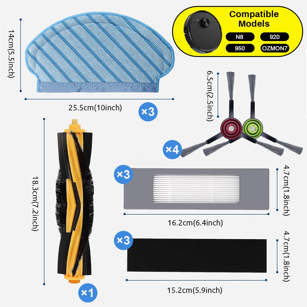 Verilux Filter Brush Mop Cloth Set for Ecovacs Deebot Ozmo 920 950 T5 N5 N8 T5 Max, T5 Power Vacuum Deebot N8 Replacement Accessories for Deebot