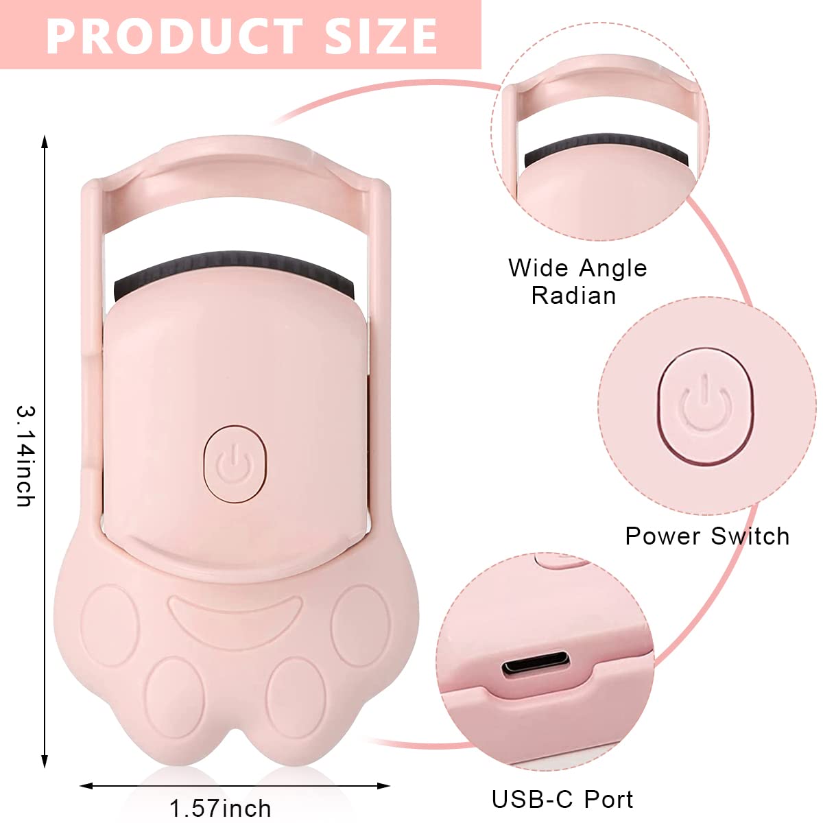 MAYCREATE Heated Eyelash Curler for Women, Electric Eyelashes Curler, Cat Paw Shape USB-C Rechargeable Heating Eyelash Curler with 2 Temperature Modes for Quick Natural Curling, Long Lasting