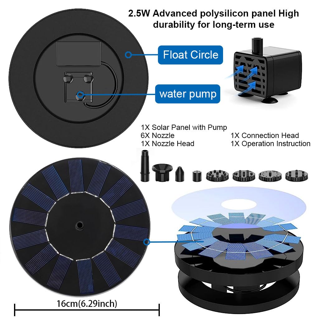 HASTHIP Solar Water Fountain for Garden, 1.5W Solar Water Pump with 6 Nozzles, Max 1.1m Water Column Solar Fountain for Home Garden Pond Bird Bath Pool