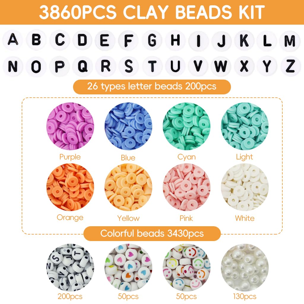 SANNIDHI 3860pcs Clay Beads Letter Beads Kit for Bracelet Making 8-Color Clay Beads Heart Smile Face Beads Spacer Beads DIY Jewelry Making Beads Kit with Scissors, Tweezer, Crystal Lines