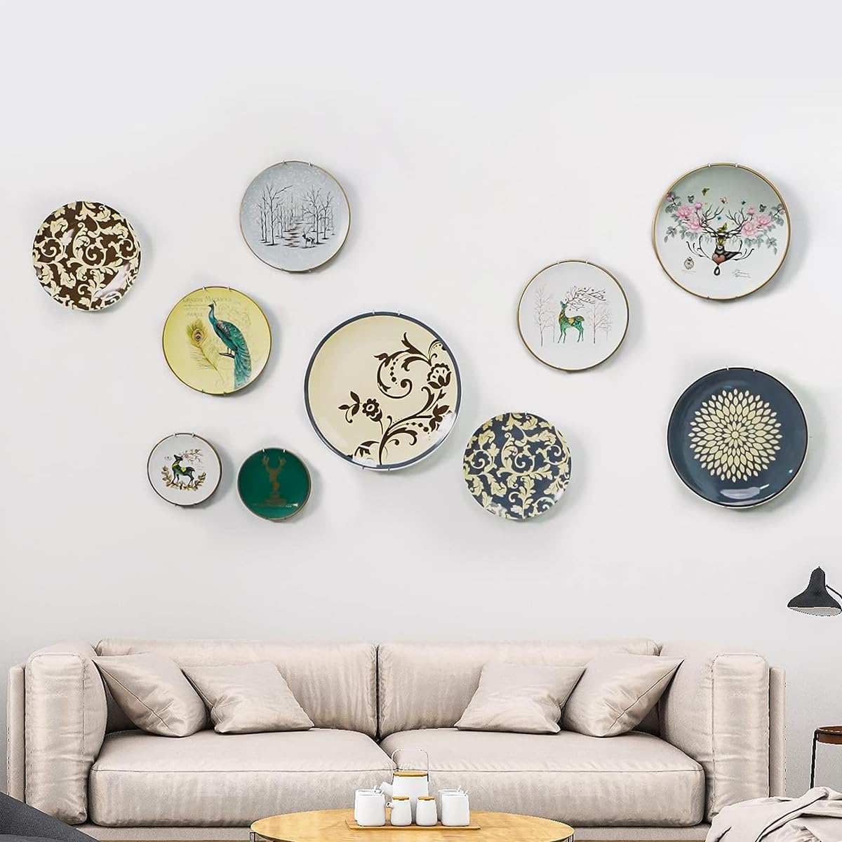 HASTHIP 12Pcs Invisible Wall Plate Hangers, Stainless Steel Dish Display Plate Metal Hangers, Spring Hook Holder with 12 Pieces Wall Hooks for Decorative Plates and Art (Silver, 6/8/10 Inch)