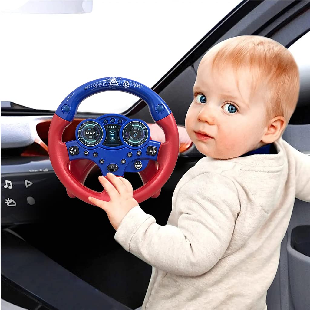 PATPAT Steering Wheel for Kids Simulation Racing Learning Educational Toys, Steering Wheel Toy, Musical Toys, Simulated Driving Sensory Toy Gifts for Baby Girls Boys 1-3 Years, Blue&Red