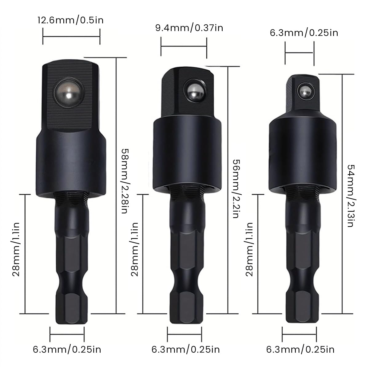 Serplex 3Pcs Flexible Socket Adapters for Power Drill 3 Sizes Universal Adapter Hex Handle to Square Head Socket Adapters 360 Degree Rotary Socket Converter Adapter Connect Rod Tool, 1/4